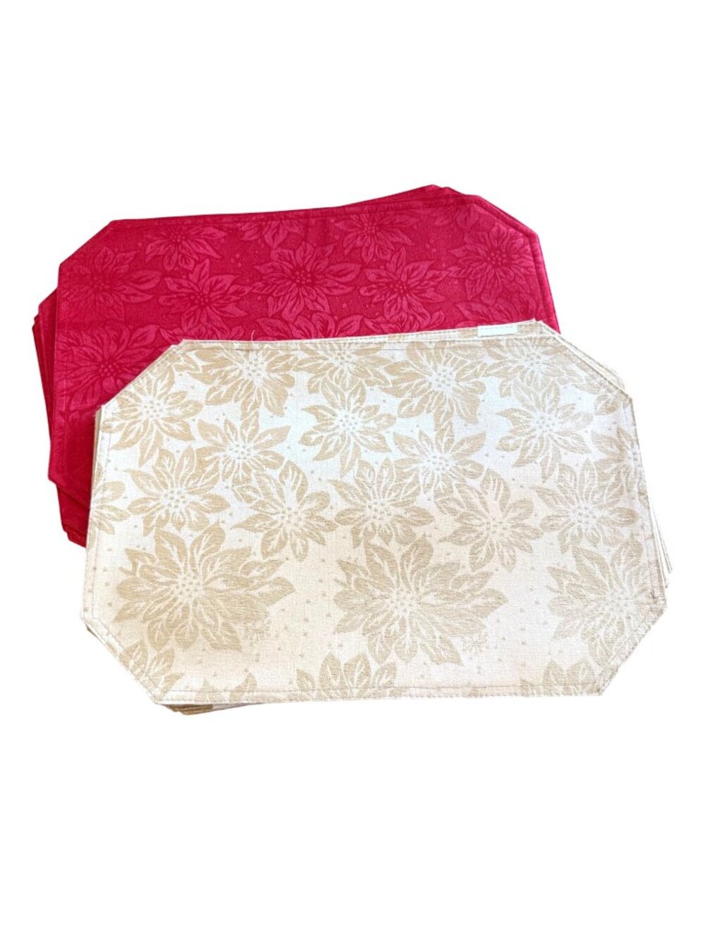 Better Home Christmas Placemats set of 8 12x18 Red Beige Poinsettia Floral